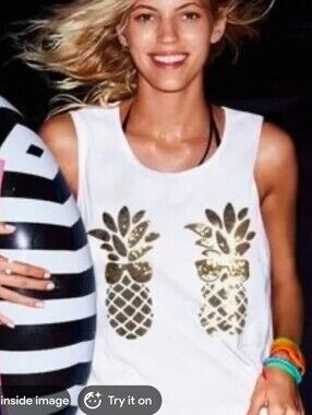 PINK Victoria's Secret White Tank with Gold Pineapple Sequin Design